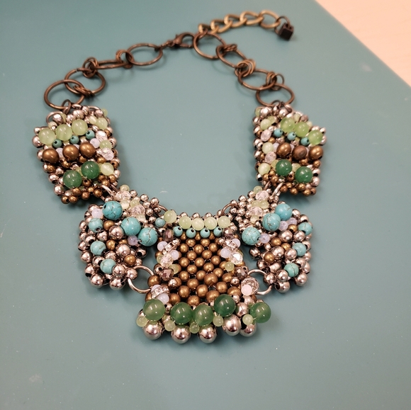 Pam Miran  green turquoise glass cats eye opalite beaded bib statemen necklace - Picture 4 of 14